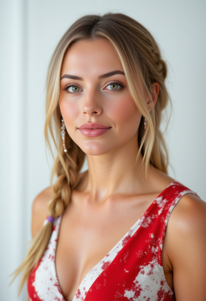 headshots, multiple angles, photoshoot poses; she has piercing eyes. A photo of a woman with blonde hair wearing a red and white dress she has braids. She is smiling. The background is a simple white wall. The overall mood of the image is Happy.RAW candid cinema,16mm,color graded portra 400 film,remarkable color,ultra realistic,textured skin,remarkable detailed pupils,realistic dull skin noise,visible skin detail,skin fuzz,dry skin,shot with cinematic camera,detailed skin texture,(blush:0.2),(goosebumps:0.3),subsurface scattering,beautiful photograph in the style of Augustus John,Sergio Toppi,Virginia Frances Sterrett,8k HD,detailed skin texture,ultra realistic,textured skin,analog raw photo,cinematic grain,whimsical.perfection style,aidmafluxpro1.1