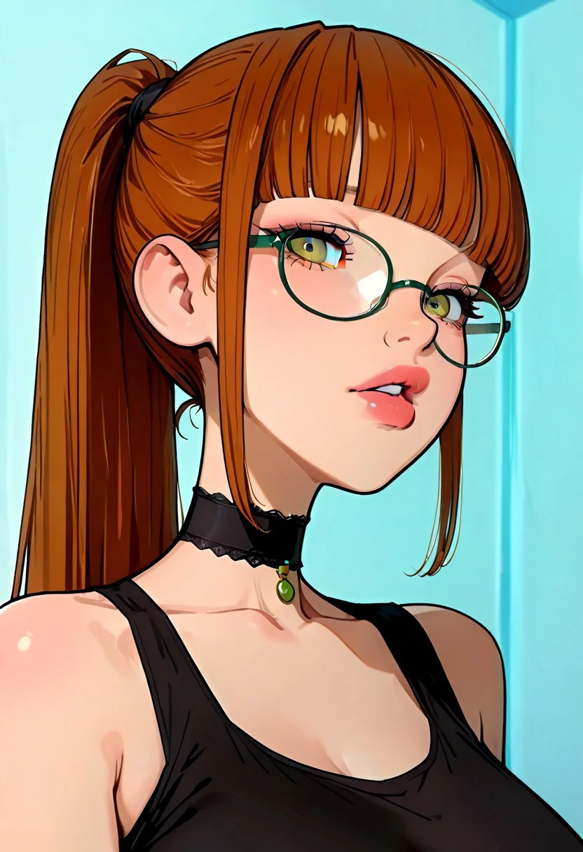 masterpiece, very aesthetic, best quality, absurdres, newest, solo,
<lora:ILP5Futaba:1>
1girl, brown hair, very long hair,ponytail,  blunt bangs, green eyes, glasses, choker, black tank top, parted lips, looking at viewer, portrait