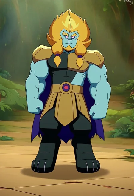 Azure lion ,solo,Lion furry,neutral expression,looking at the viewer,long hair,blue skin,muscular,braid,blonde hair,standing,front view,full figure,full body,full body shot,forest background with a clear sky.MASTERPIECE, PERFECT, EXCELLENT, GREAT MASTERPIECE score up9, precise and clear,