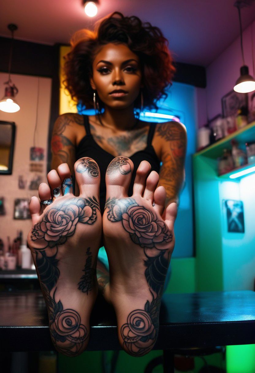 front-bottom-view medium-shot photograph, in a tattoo parlor at night, florescent lights, beautiful, dark skinned, tattoo artist, inviting, (tattoos:0.8), natural hair, foot-focus, five-toes, barefoot, sitting