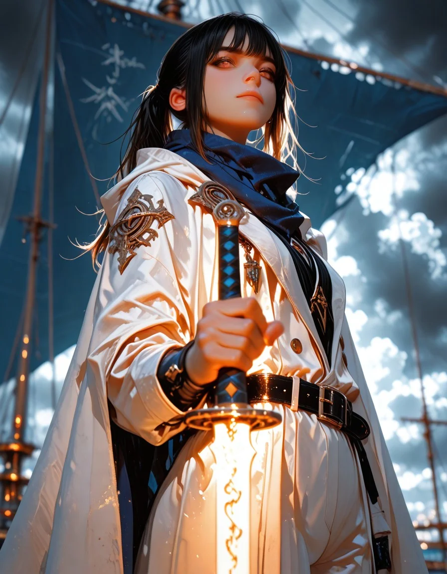 masterpiece, ultra-HD, photorealistic, impressionism, high detail, depth of field, dynamic lighting, best quality, very aesthetic, 8k, best quality, masterpiece, best quality, absurdres, newest, very aesthetic, detailed face, detailed character, detailed clothes, detailed background, detailed light, detailed shadows,
1girl, human, light skin, black long hair, ponytail, tall body, tall hand, asian face, (brown eyes), ((monochrome creamy clothes, long dark-blue scarf, white cloak, white tuxedo, black belt)), katana, serious expression, drama light, drama shadows, good construction weapon, sail ship background, dark clouds background, small bag on belt, stand on ship, white sclera, ((dynamic attack poses, dynamic angle)),
HDR, 8K, high contrast, , very aesthetic, high resolution, ultra-detailed, absurdres, perfect lighting, ((photorealistic)), Depth of field, volumetric lighting, dramatic shadows, cinematic lighting, (sharp image), safe, BREAK, scenery, realistic/anime, (perfect anatomy, perfect hand anatomy, perfect face anatomy, perfect eyes anatomy, perfect mouth anatomy), perfect lighting, (sharp image), (dynamic poses), perfect anatomy, Focus face, <lora:02c9686b-b6c4-41a0-82e9-287881257ea4:0.7>, <lora:8634e212-e0f7-4f65-aaad-f27f330ba925:0.7>