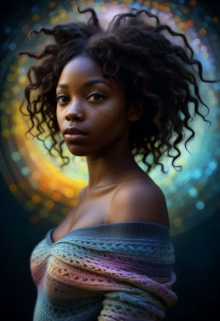 mysterious black woman with freckles, a shy woman in off-shoulder sweater, fading backlit background, pastell colours, alluring goddess, by Minjae Lee, Carne Griffiths, Emily Kell, Steve McCurry, Geoffroy Thoorens, Aaron Horkey, Jordan Grimmer, Greg Rutkowski, amazing depth, double exposure, surreal, geometric patterns, intricately detailed, bokeh, perfect balanced, deep fine borders, artistic photorealism , smooth, great masterwork by Suiras <lora:add-detail-xl:2> <lora:Double_Exposure:0.5>