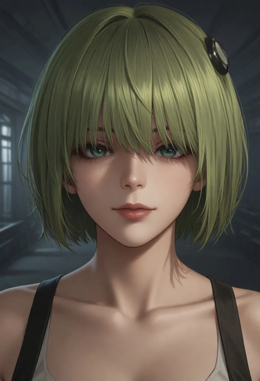 1girl, solo, solo focus, highres, absurdres, CL_Dummy, short hair, long bangs, hair over eyes, light green hair, lipstick, shiny lips, brown lips, circle hair ornament,
looking at viewer, head tilt, light smile, closed mouth, close-up, face focus,
factory, industrial pipe, stasis tank, dark,