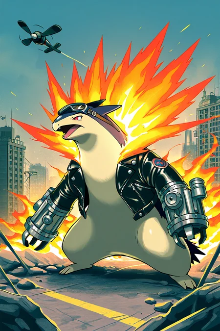 masterpiece, best quality, no humans, pokemon (creature), fire, <lora:TyphlosionPokedexIXL:1.0>, Dieselpunk, zzTyphlosion wearing 1920s-50s industrial fashion, leather jacket, pilot goggles, large machine gear, smokestack, gritty city, propeller-driven vehicle