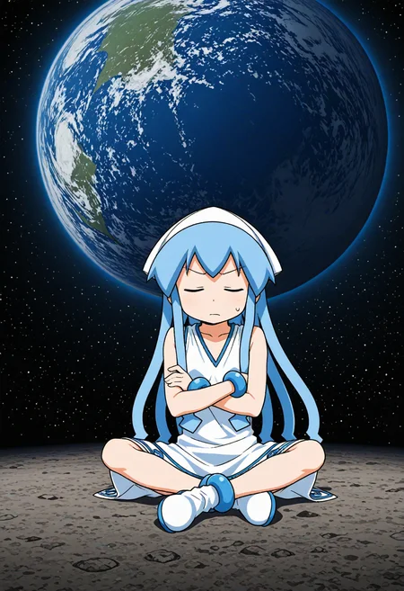 <lora:dmd2_sdxl_4step:1>, 1girl, solo, <lora:ikmsm_illustrious_v7:1> ikmsm, ikamusume, white dress, 
sitting on ground, indian style, crossed arms, thinking,
closed eyes, closed mouth, (confused), sweatdrop,
in the space, on the moon, earth \(planet\), full body,
general, masterpiece, best quality, very aesthetic,