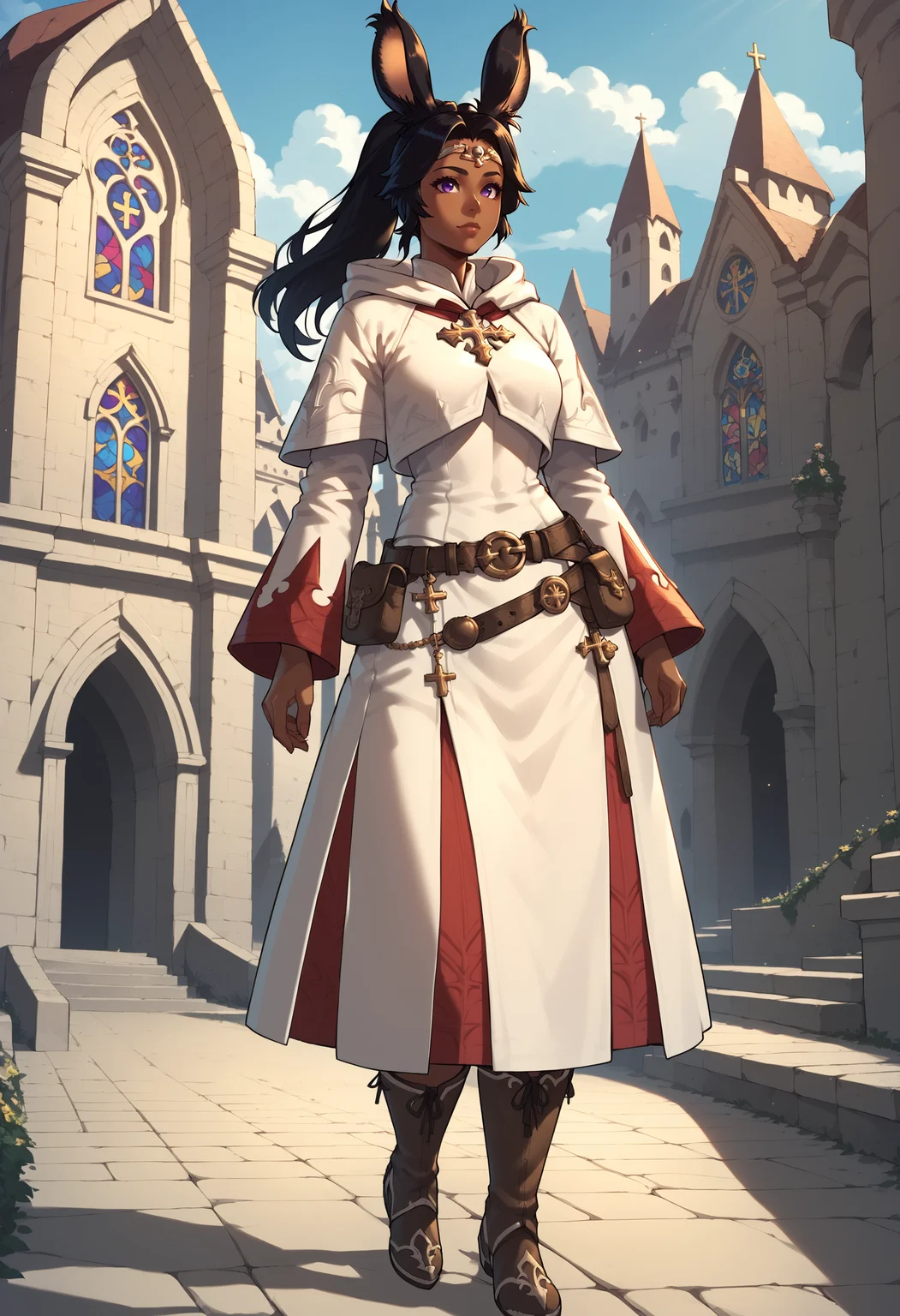 zPDXL,score_9, score_8_up, score_7_up, source_anime, 1girl, solo, church, full body,
viera, dark skin, black hair, ponytail, purple eyes, long hair,
white mage, boots, belt, hood, pouch, robe, belt pouch, circlet <lora:Healers_Attire_FFXIV-White_Mage_AF1:.75>