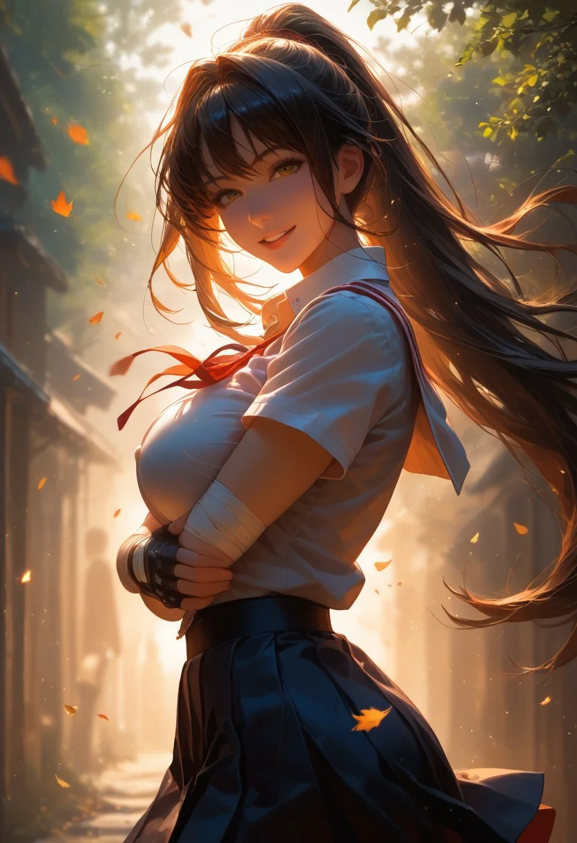 score_9, score_8_up, score_7_up, rating_explicit, ((face lighting)), light rays, horny face, steamy, magical light, depth of field,
cinematic lighting, warm lighting, dust, light rays, horny face, vibrant colors,
1girl, young and cute, school uniform, dynamic pose, smile, standing on the street, pale skin, bandage on arms, fingerless gloves, dark hair, long ponytail, thin bang, parted lips, looking at viewer, smooth skin, tilted angle, arms down, hands before skirt, skirt lifted by wind from back side, side view,
Expressiveh, perfect body, large breast, hurricane background, flying leaves, flying sakura,
