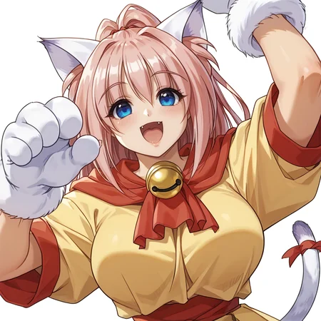 score_9, score_8_up, score_7_up, absurdres, source_anime, 1girl, solo, beautiful eyes, detailed eyes, (white background, simple background:1.3), from below , arms raised in the air, extend arms straight out ,
Melody_Sinclair, paw gloves, paw shoes, cat tail, large breasts,
smile, open mouth, fang, highlights,
pink leotard,yellow dress,yellow skirt,red sash,red scarf,tail ribbon,neck bell,
<lora:PerfectEyesXL:1> perfecteyes, <lora:Melody_Sinclair_v1_rev3-000040:0.8>