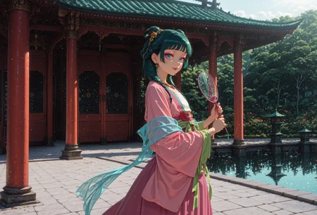 masterpiece, best quality, amazing quality, very aesthetic, absurdres, dynamic angle, ultra-detailed, highly detailed, cinematic lighting, realistic shading, intricate details, soft lighting, high contrast, depth of field, perspective,
BREAK
ADGPMao2, 1girl, green hair, blue eyes, flat chest, pink lipstick, pink eyeshadow, GPhairstyle, official alternate hairstyle, low twintails, hair beads, hair over shoulder, hair rings, gold rose hair ornaments, official alternate costume, bell earrings, flower necklace, duijin ruqun, pink daxiushan, wide sleeves, white hezi, blue hagoromo, red flower, pink sash, green long ribbon, pink long skirt, layered skirt,
BREAK
upper body, from side, holding transparent fan, tuanshan, standing, looking to the side, smile, outdoors, east asian architecture, pavilion, garden, pond, day,