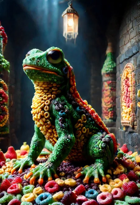A photorealistic image of a majestic frog made of fruit loops,
intricate details, dramatic composition, tension, contrast, texture, realism, high quality, stunning art, film grain, volumetric lighting, detailed, 
background is dark medieval hall,