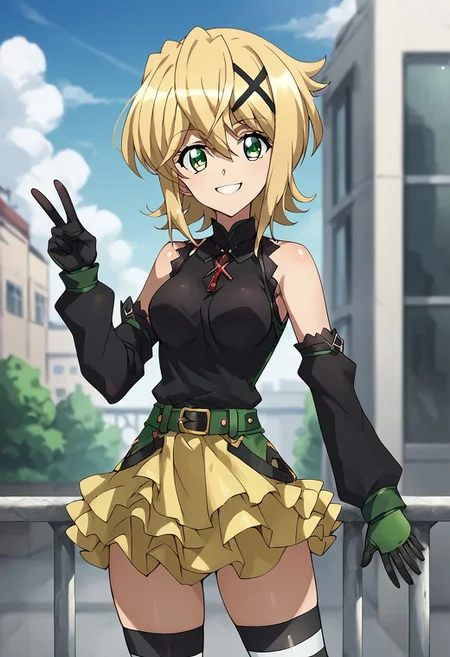 score_9, score_8_up, score_7_up, score_6_up, score_5_up, score_4_up, masterpiece, Medium breasts, large thighs, thin waist anime_lineart anime coloring, solo, Akatsuki_Kirika, blonde hair, 1girl, solo, green eyes, looking at viewer, x hair ornament, city, Striped thighhigh, black Blouse, separate sleeves, gloves, skirt, V, smile