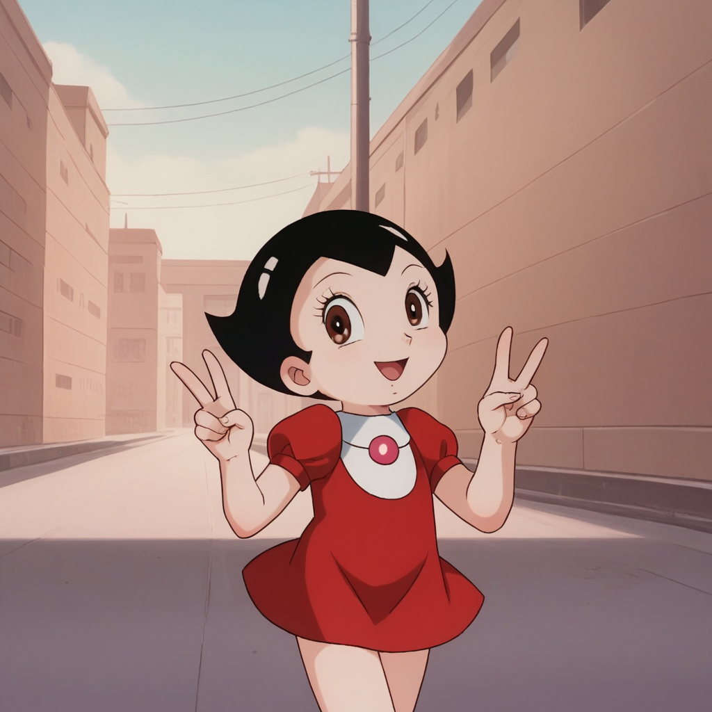 score_8_up, BREAK, uran, 1girl, solo, black hair, short hair, brown eyes, red dress, short sleeves, double v, outdoors,  <lora:AstroBoy_Uran_PXL_Leaf1:0.8>