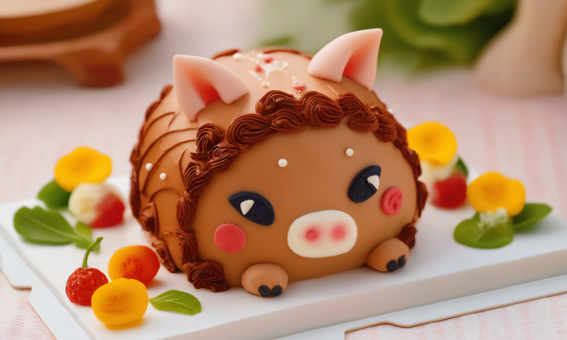 gourmet food photo of <lora:cakecd_xl-000005:0.8>,a single tiered cakecd_xl shaped like a boar-chibi was placed on the table,simple background,fine art,detailed,indoors,chinese zodiac,tilt-shift,miniature,cute and lovely,still life,from front,looking at viewer,no humans . soft natural lighting,macro details,vibrant colors,fresh ingredients,glistening textures,bokeh background,styled plating,wooden tabletop,garnished,tantalizing,editorial quality,8K,HDR,UHD,masterpiece,best quality,highly detailed,high resolution,finely detail,extremely detailed,ultra detailed,wallpaper