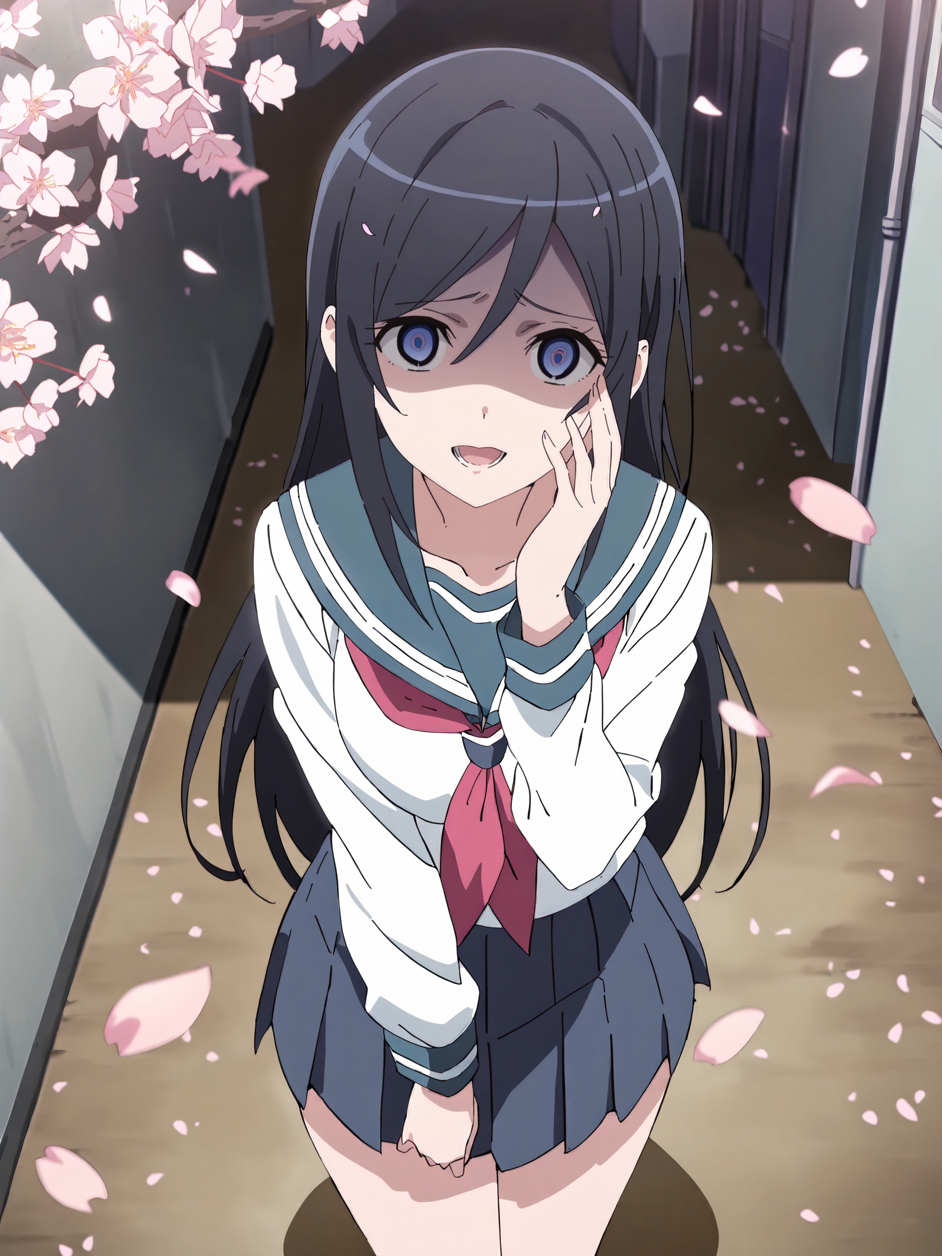 masterpiece, high score, great score, absurdres, anime screenshot, anime coloring,  <lora:Char-Aragaki_Ayase-V1-SDXL:1:hr=0.7>, 1girl, aragaki ayase, solo, serafuku, blue pleated skirt, red neckerchief, looking at viewer, yandere, open mouth, shaded face, hand on own face, standing, cowboy shot, outdoors, street, cherry blossoms, petals, depth of field