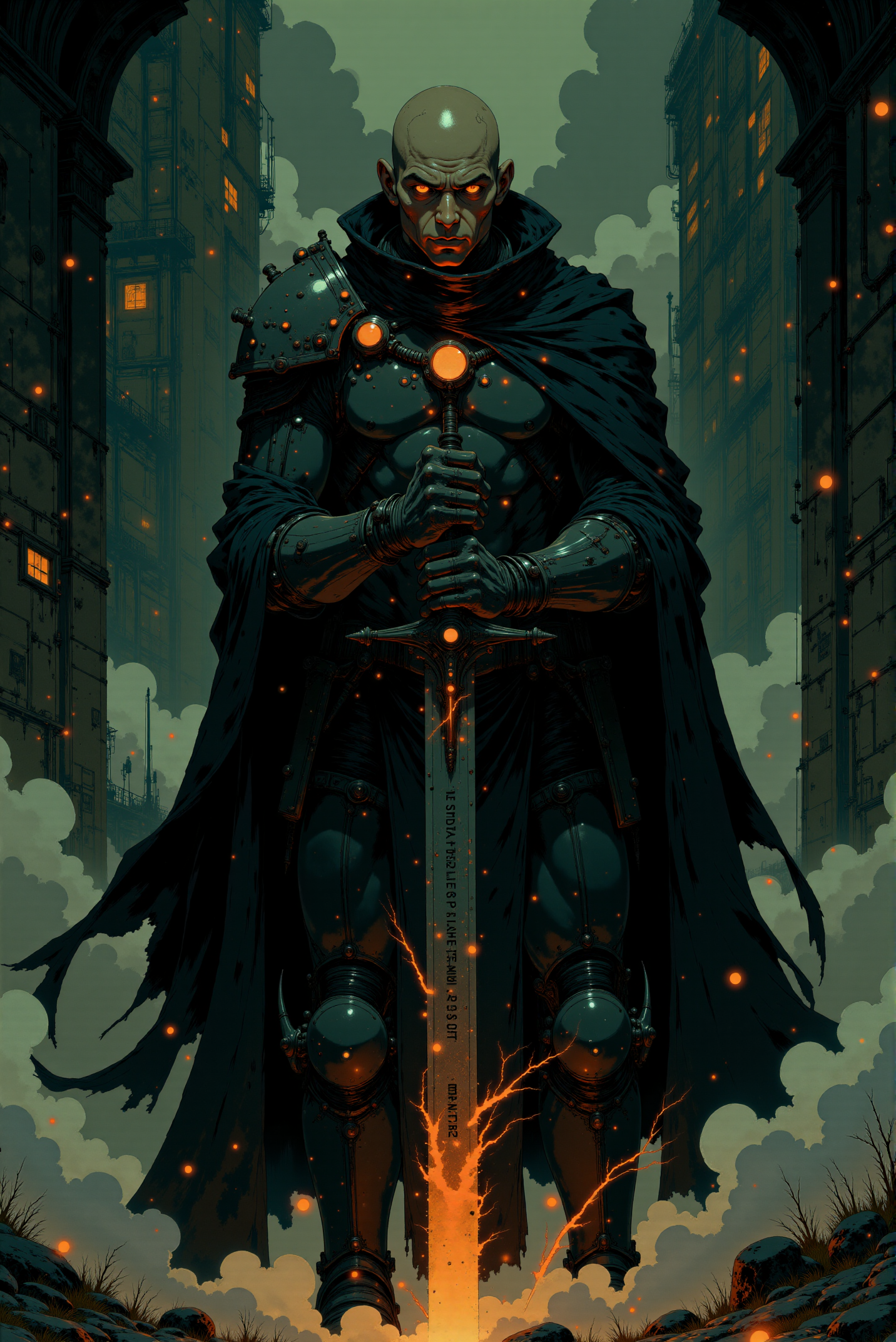 <lora:Fancha_style_v.5:0.8> Fancha style. An ominous figure stands at the center of a dark and foreboding scene, his presence radiating an aura of absolute power and malice. His bald head gleams under dim, fractured light, its surface marked with faint scars and veins that seem almost carved by time and battle. A pair of piercing, blood-red eyes burn with an unyielding intensity, their malevolent glow cutting through the shadows like embers in the void. His expression is one of cold, calculated fury, every line of his face etched with a history of conquest and unrelenting dominance. Encased in a gleaming, jet-black suit of armor, his form appears both human and machine—a seamless integration of organic menace and cold, unfeeling technology. The armor’s surface is polished to a near-mirror finish, accented by intricate grooves and harsh edges, yet marred with splatters of crimson blood that testify to recent violence. Over his shoulders, a tattered black cloak flows like liquid shadow, curling and shifting subtly as though animated by an unseen, malevolent force. In his hands rests a massive, rune-inscribed sword, its dark blade emanating a fiery red glow from its core as if forged from molten metal. The weapon’s hilt is adorned with sharp, angular designs and a pulsating crimson orb embedded at its center, exuding a dangerous, otherworldly energy. Trails of glowing red heat seem to drip from the blade’s edges, hissing into the swirling black mist that rises from the ground like smoke from a dying fire. The backdrop is a grim, industrial void punctuated by sharp vertical lines and faint orange glimmers, suggesting a ruined stronghold or a battlefield steeped in chaos. Subtle embers float through the air, casting an eerie glow that enhances the figure’s demonic silhouette. The scene is an evocative blend of gothic and cybernetic styles, portraying a being that is the embodiment of destruction and tyranny—an unstoppable force at the heart of an apocalyptic legend.