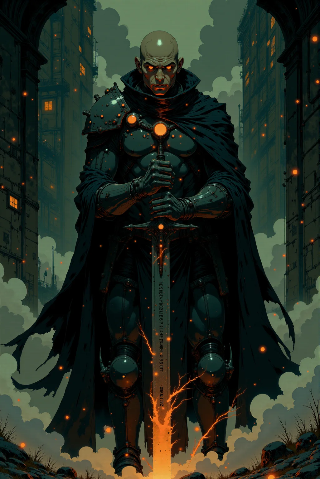 <lora:Fancha_style_v.5:0.8> Fancha style. An ominous figure stands at the center of a dark and foreboding scene, his presence radiating an aura of absolute power and malice. His bald head gleams under dim, fractured light, its surface marked with faint scars and veins that seem almost carved by time and battle. A pair of piercing, blood-red eyes burn with an unyielding intensity, their malevolent glow cutting through the shadows like embers in the void. His expression is one of cold, calculated fury, every line of his face etched with a history of conquest and unrelenting dominance. Encased in a gleaming, jet-black suit of armor, his form appears both human and machine—a seamless integration of organic menace and cold, unfeeling technology. The armor’s surface is polished to a near-mirror finish, accented by intricate grooves and harsh edges, yet marred with splatters of crimson blood that testify to recent violence. Over his shoulders, a tattered black cloak flows like liquid shadow, curling and shifting subtly as though animated by an unseen, malevolent force. In his hands rests a massive, rune-inscribed sword, its dark blade emanating a fiery red glow from its core as if forged from molten metal. The weapon’s hilt is adorned with sharp, angular designs and a pulsating crimson orb embedded at its center, exuding a dangerous, otherworldly energy. Trails of glowing red heat seem to drip from the blade’s edges, hissing into the swirling black mist that rises from the ground like smoke from a dying fire. The backdrop is a grim, industrial void punctuated by sharp vertical lines and faint orange glimmers, suggesting a ruined stronghold or a battlefield steeped in chaos. Subtle embers float through the air, casting an eerie glow that enhances the figure’s demonic silhouette. The scene is an evocative blend of gothic and cybernetic styles, portraying a being that is the embodiment of destruction and tyranny—an unstoppable force at the heart of an apocalyptic legend.