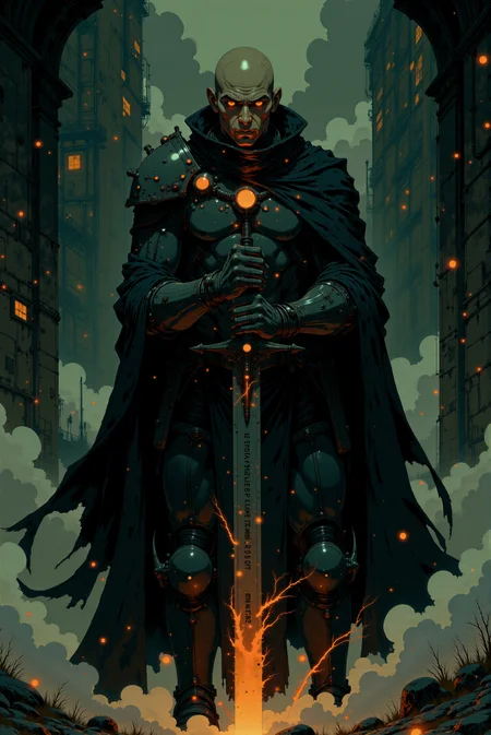 <lora:Fancha_style_v.5:0.8> Fancha style. An ominous figure stands at the center of a dark and foreboding scene, his presence radiating an aura of absolute power and malice. His bald head gleams under dim, fractured light, its surface marked with faint scars and veins that seem almost carved by time and battle. A pair of piercing, blood-red eyes burn with an unyielding intensity, their malevolent glow cutting through the shadows like embers in the void. His expression is one of cold, calculated fury, every line of his face etched with a history of conquest and unrelenting dominance. Encased in a gleaming, jet-black suit of armor, his form appears both human and machine—a seamless integration of organic menace and cold, unfeeling technology. The armor’s surface is polished to a near-mirror finish, accented by intricate grooves and harsh edges, yet marred with splatters of crimson blood that testify to recent violence. Over his shoulders, a tattered black cloak flows like liquid shadow, curling and shifting subtly as though animated by an unseen, malevolent force. In his hands rests a massive, rune-inscribed sword, its dark blade emanating a fiery red glow from its core as if forged from molten metal. The weapon’s hilt is adorned with sharp, angular designs and a pulsating crimson orb embedded at its center, exuding a dangerous, otherworldly energy. Trails of glowing red heat seem to drip from the blade’s edges, hissing into the swirling black mist that rises from the ground like smoke from a dying fire. The backdrop is a grim, industrial void punctuated by sharp vertical lines and faint orange glimmers, suggesting a ruined stronghold or a battlefield steeped in chaos. Subtle embers float through the air, casting an eerie glow that enhances the figure’s demonic silhouette. The scene is an evocative blend of gothic and cybernetic styles, portraying a being that is the embodiment of destruction and tyranny—an unstoppable force at the heart of an apocalyptic legend.