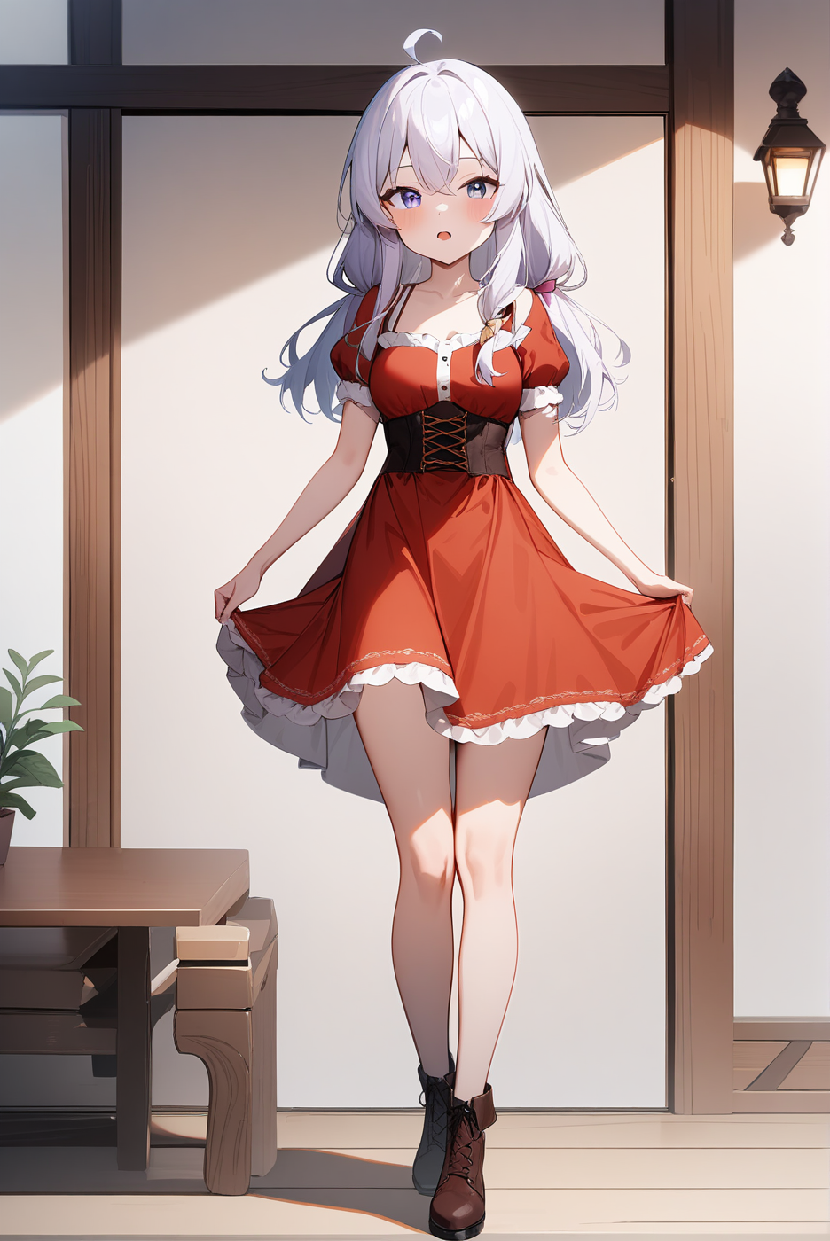 red dirndl, mm-elaina, ahoge, 1girl, solo, skinny, masterpiece, absurdres, high quality, highres, best quality, (full body:1.20), recent <lora:mm-elaina-V02-000003:0.5>