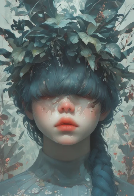 (Score_9:1.1), score_8_up, score_7_up,
(limited lighting, high contrast, laser beams, highres, closed_mouth:1.4, absurdres) 
Fl0ralD0lls 
solo, bunny ears, human woman, curious, (ferns:1.3), realistic, focus on face, hime cut, pacific blue hair, (hair over eyes:1.3),((hair in very long single braid)), big lips, full lips, glossy lips, matte skin, matte colours