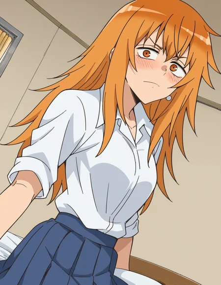 score_9, score_8_up, score_7_up, source_anime,
makigamou, <lora:maki-gamou-s1s2-ponyxl-lora-nochekaiser:1>,
maki gamou, long hair, orange hair, orange eyes, sanpaku,
skirt, shirt, jewelry, school uniform, white shirt, pleated skirt, earrings, blue skirt,
indoors, bed, bed room, on side, blush, drunk,
looking at viewer, cowboy shot, solo, dutch angle,