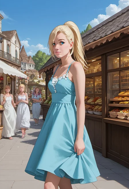 1girl, solo, score_9_up, score_8_up, score_7_up, score_6_up, cute face, detailed and beautiful face, detailed and beautiful eyes, cute girl, inoYamanakaPDXL, blonde, ponytail, blue eyes, medium breasts, sundress, walking in a marketplace, many food stalls, looking at the viewer, detailed, intricate details, realistic, FaceDetail, stunning, masterpiece, side view,