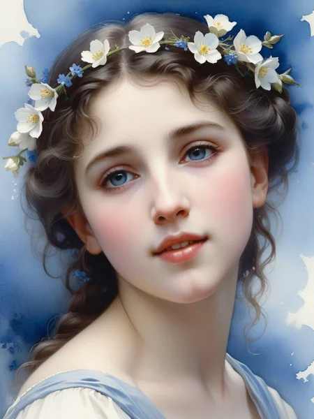 <lora:05ClassicalArt_Hap_XL1>, William-Adolphe Bouguereau style, A stunning watercolor of a woman's face (tiny flowers), joyful glow,  filigree work.  Blue background