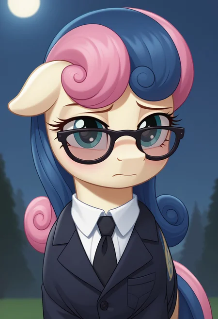 score_9, score_8_up, score_7_up, score_6_up, score_5_up, score_4_up, pony, feral pony, ((anatomically correct)), g4, Sweetie Drops, black coat, white blouse, black tie, sunglasses, sad, shy, look at you, night, beautiful, detailed, (detailed cute pony face), detailed fur, beautiful, vector, flat colors, (beautiful long eyelashes), blushing