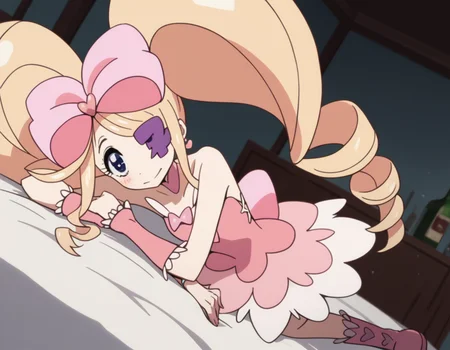 score_9, score_8_up, score_7_up, source_anime,
nuiharime, <lora:nui-harime-s1-ponyxl-lora-nochekaiser:1>,
nui harime, big hair, blonde hair, blue eyes, drill hair, eyepatch, hair bow, long hair, pink bow, twin drills, twintails,
boots, bow, dress, eyepatch, hair bow, pink footwear, strapless, strapless dress,
indoors, bed, bed room, on side, blush, drunk,
solo, dutch angle, looking at viewer, cowboy shot,