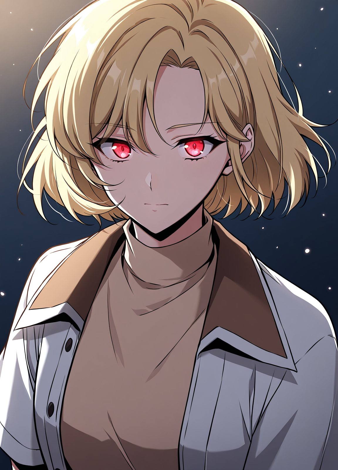 <lora:Omniscient_Readers_Viewpoint__Shin_Yoosung:1>
1girl, solo, short hair, blonde hair, soft expression, light skin, red eyes, 
white short-sleeve shirt, beige turtleneck sweater, dark blue jeans, brown boots, layered outfit, modern clothes,
score_9, score_8_up, score_7_up, score_6_up, source_anime, rating_explicit, masterpiece, best quality, intricate details, gothic fantasy, upper body portrait, dramatic pose, confident gaze, cinematic lighting, clean background, glowing magical particles, detailed face, vibrant colors