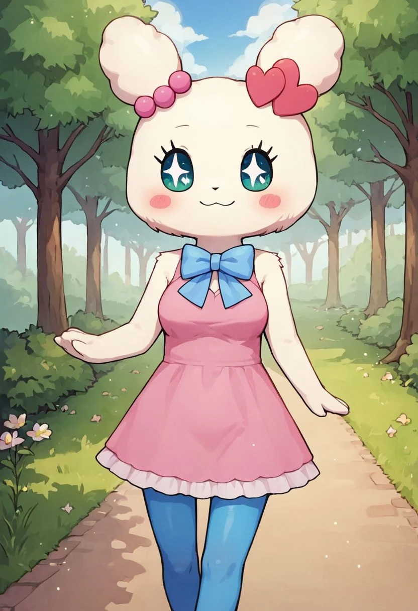 score_9, score_8, score_7_up, score_6_up, source_furry, source_anime, Tamagotchi, Lovelitchi, ear beads, solo, white fur, pink dress, blue bow, anthro, breasts, blue pantyhose, walking in the park, nature, grass, walking, blush, sparkling eyes, no nose, solo, thighs, detailed, tree, blue sky, park, flowers, cowboy shot, happy, masterpiece, angled, three quarter view, closed mouth