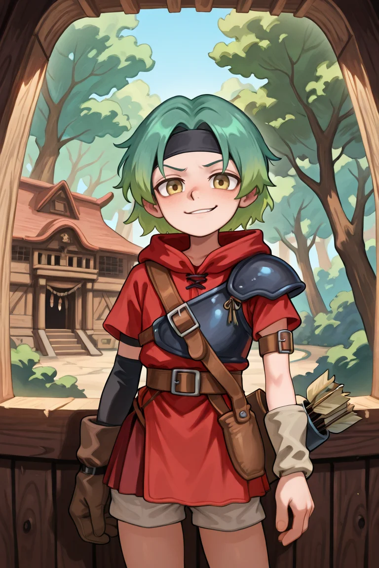 <lora:MizerIL:0.5>, MzeDef, MzeAlt, 1boy, short hair, green hair, gradient hair, yellow eyes, headband, black headband, shoulder pads, black shoulder pads, red hood, hood down, red shirt, shoulder belt, buckle, muneate, brown muneate, arm warmers, white arm warmers, asymmetrical clothes, arm strap, white shorts, shorts under skirt, microskirt, red skirt, gloves, single glove, boots, quiver, cowboy shot, interior, temple, forest, fortress temple, trees, wooden fortress, standing, smirk, looking at viewer, <lora:sumirechan-IL:0.8> , sumirechan, masterpiece, very aesthetic, absurdres, best quality, amazing quality, high resolution, newest, very awa, <lora:illustrious_quality_modifiers_masterpieces_v1:0.8> , <lora:ChamIllustriousBackgroundEnhancer:0.5>, (solo),