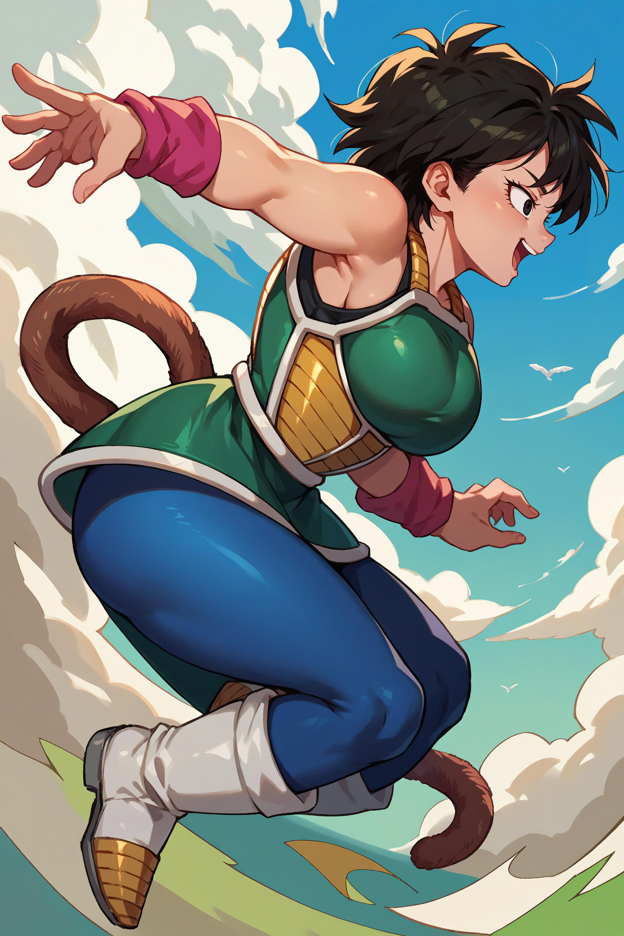score_9, score_8_up, score_7_up, score_6_up, source_anime, 1girl, solo, <lora:gine-pdxl-nvwls-v1-000006:1> gine, black hair, black eyes, green dress, armored dress, bare shoulders, sleeveless, green skirt, pink wristbands, blue leggings, monkey tail, big breasts, white boots, midair, flying, from side, happy, open mouth, blue sky