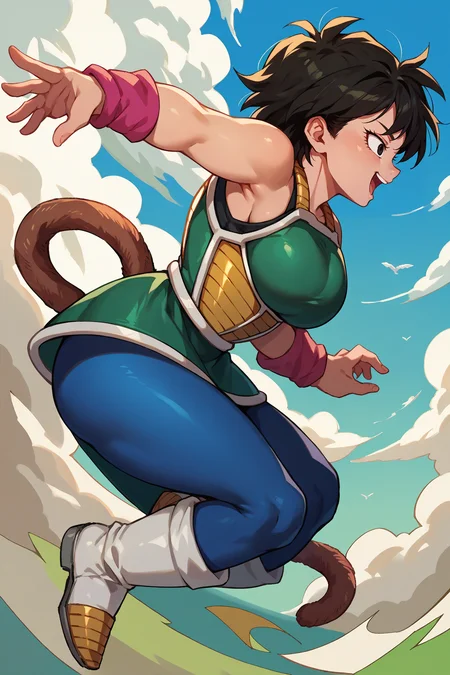 score_9, score_8_up, score_7_up, score_6_up, source_anime, 1girl, solo, <lora:gine-pdxl-nvwls-v1-000006:1> gine, black hair, black eyes, green dress, armored dress, bare shoulders, sleeveless, green skirt, pink wristbands, blue leggings, monkey tail, big breasts, white boots, midair, flying, from side, happy, open mouth, blue sky