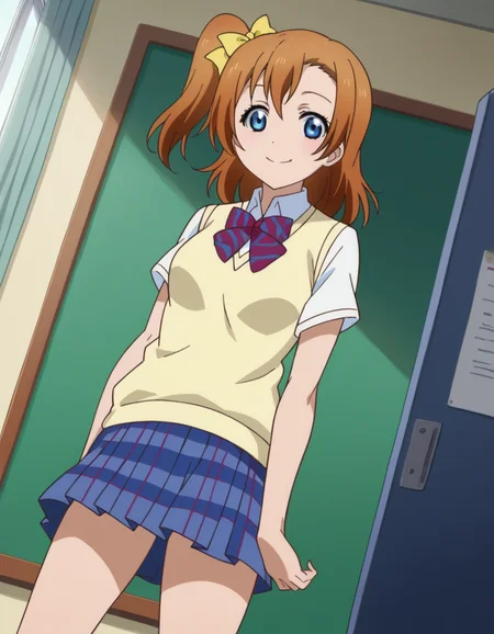 score_9, score_8_up, score_7_up, source_anime, <lora:honoka-kousaka-s1-ponyxl-lora-nochekaiser:1>, honoka kousaka, blue eyes, brown hair, hair bow, orange hair, one side up, short hair, yellow bow,, skirt, bow, school uniform, socks, plaid, kneehighs, plaid skirt, sweater vest, summer uniform, otonokizaka school uniform,, indoors, smile, looking at viewer, solo,, cowboy shot, dutch angle