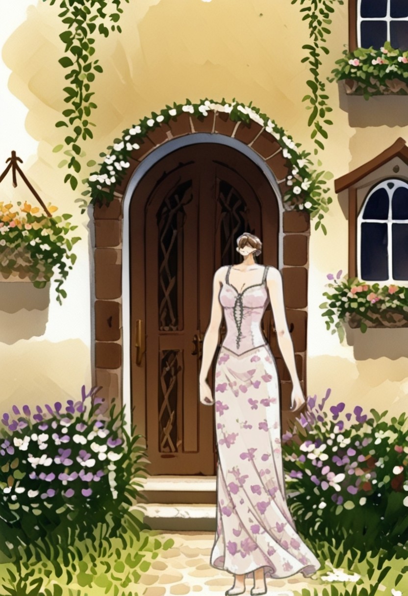 headsize, very small head, 1girl, RapunzelWaifu, lively,  dancing on balcony, nighttime,  wearing floral gown, graceful, anime style
