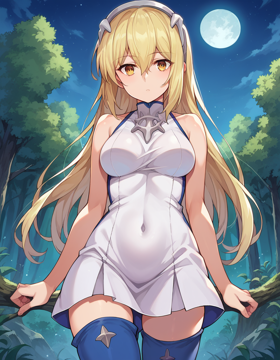 score_9, score_8_up, score_7_up, source_anime,
aizwallenstein, <lora:aiz-wallenstein-ponyxl-lora-nochekaiser:1>,
aiz wallenstein, blonde hair, hair between eyes, hairband, long hair, yellow eyes, sidelocks,
blue thighhighs, covered navel, dress, multicolored clothes, multicolored dress, taut clothes, taut dress, thighhighs,
outdoors, forest, nature, night, moon,
looking at viewer, dutch angle, cowboy shot,