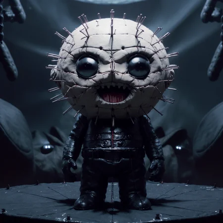 (Felt puppet, Funko Pop) lil Pinhead, full body plushie posing, adorable felt P1NHEAD plush doll, leather Cenobite costume, big googly eyes, big round (spherical) head, silly happy expression, winking at viewer, cute hellraiser puppet, Clive Barker dark evil hell labyrinth background <lora:p1nhead:1>