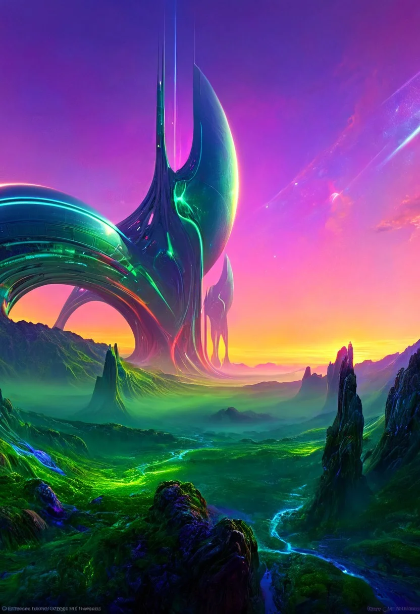 science fiction, sci fi concept art, sci-fi environments, realism, psychedelic art, sunset sky gradations, wide view, panorama, verdant, lush, mystivis, award-winning, ethereal, greg rutkowski