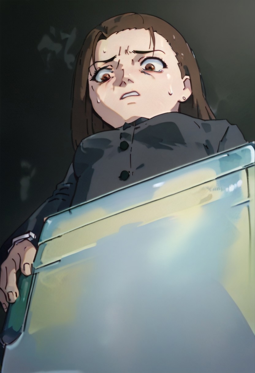 score_9, score_8_up, score_7_up, score_6, source_anime, iwakura mika, ((school uniform)), complete darkness, completely dark, pitch black, full obscurity, no light, dark night, chibi, from below view, (((looking down, empty toilet paper dispenser))), sweating, terrified, scared, horrified, ((black background))