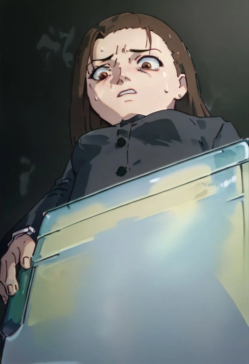 score_9, score_8_up, score_7_up, score_6, source_anime, iwakura mika, ((school uniform)), complete darkness, completely dark, pitch black, full obscurity, no light, dark night, chibi, from below view, (((looking down, empty toilet paper dispenser))), sweating, terrified, scared, horrified, ((black background))