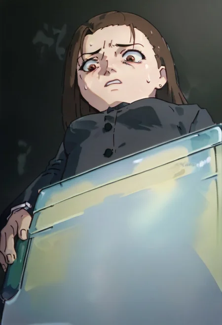 score_9, score_8_up, score_7_up, score_6, source_anime, iwakura mika, ((school uniform)), complete darkness, completely dark, pitch black, full obscurity, no light, dark night, chibi, from below view, (((looking down, empty toilet paper dispenser))), sweating, terrified, scared, horrified, ((black background))