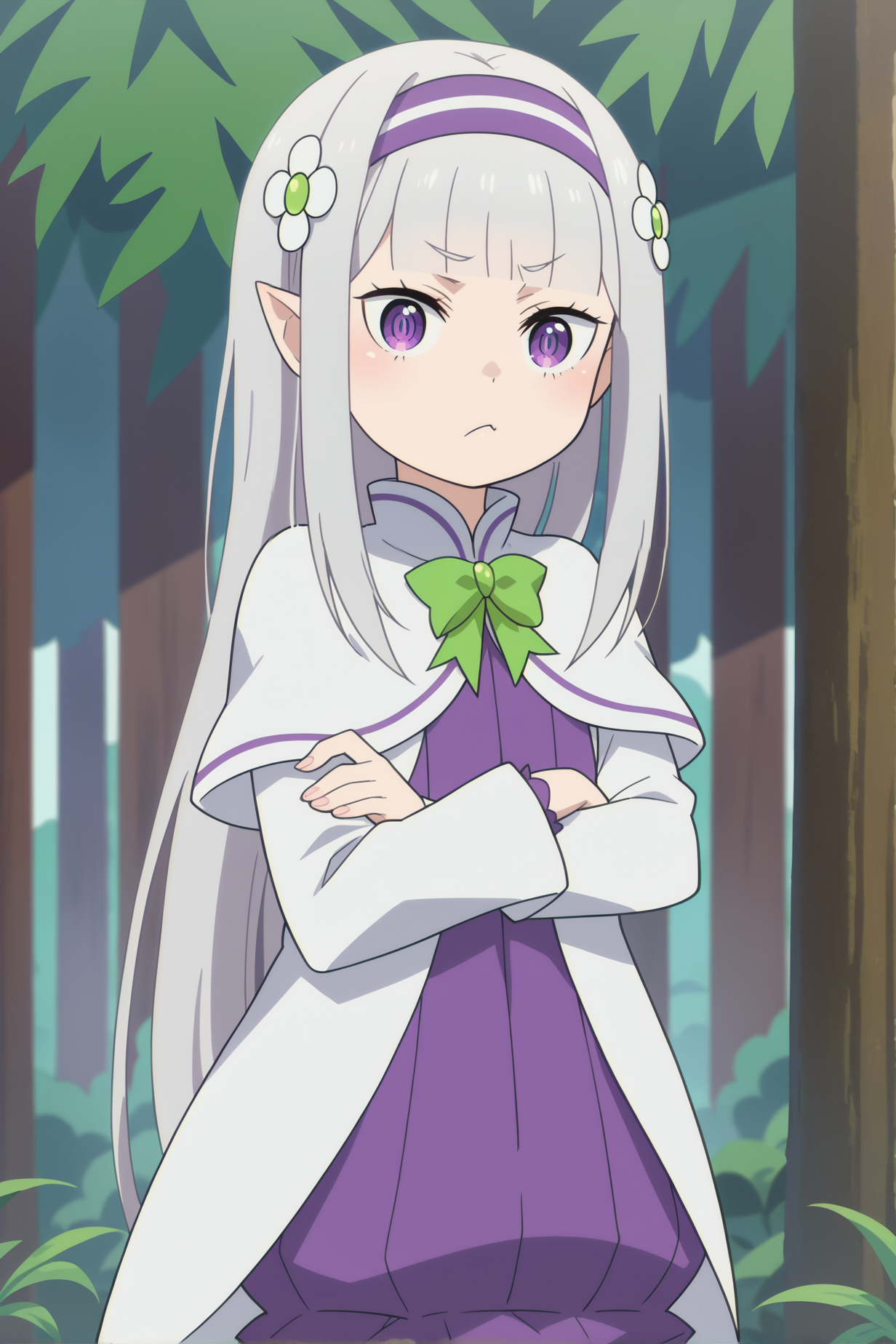 score_9, score_8_up,
<lora:LolimiliaXL-000030:1>,1girl, long hair, grey hair, hair flower, bangs, pointy ears, hairband, solo, blunt bangs,  white capelet, long sleeves, looking at viewer, purple dress, very long hair, standing, green bow, cowboy shot, purple eyes, crossed arms, pout,
outdoors, forest,
anime screencap, anime coloring,source_anime,