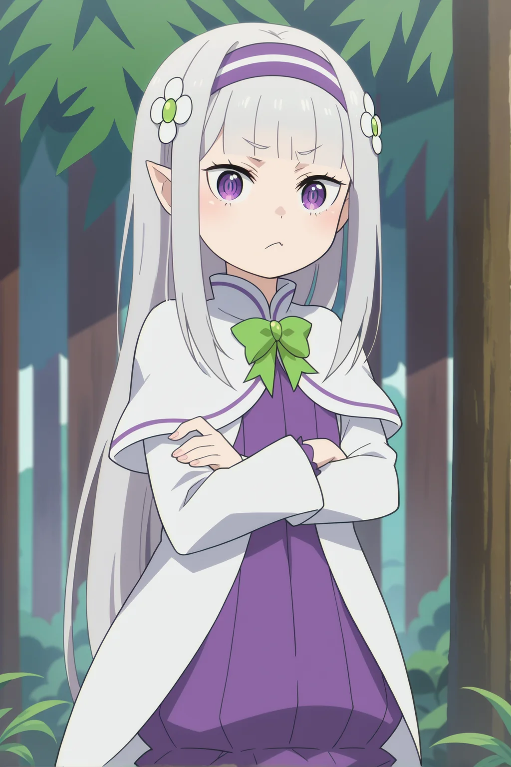 score_9, score_8_up,
<lora:LolimiliaXL-000030:1>,1girl, long hair, grey hair, hair flower, bangs, pointy ears, hairband, solo, blunt bangs, white capelet, long sleeves, looking at viewer, purple dress, very long hair, standing, green bow, cowboy shot, purple eyes, crossed arms, pout,
outdoors, forest,
anime screencap, anime coloring,source_anime,