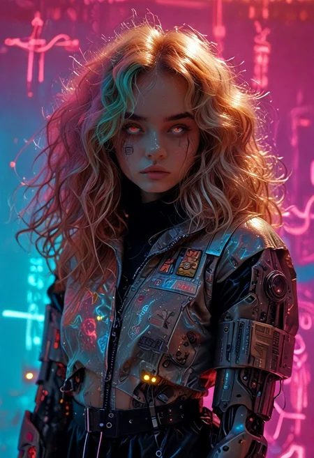 score_7_up, (score_9:1.1), (ugly:0.9),(pretty:1.4),1woman, adult, realistic, realism, hyper realistic, sparkling hair, floaty hair, wavy hair, (soft light coloured hair:1.3), (red iris, glowing iris, neon white pupils:1.3), looking at viewer, big hair, huge afro, zero gravity hair, detailed, perfect, perfection, hands, big scar across face,
BREAK,
((extra_puffy_jacket, black skirt, glossy lips, shiny skin)), full lips, hands behind back, (upper body:1.9), blocky shape cybernetics, cybernetics, cybernetic skin, raised eyebrow, pale skin, ((snub nose:1.4)), breasts, (prominent abs:1.1), focus upper body, sweating,
BREAK,
(neon background, future slums, neon, cybernetic background, mist:1.3),(cybernetic mechanical arm, prosthesis:1.3),