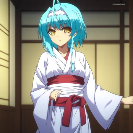 score_9, score_8_up, score_7_up, source_anime, NonakaYuki, 1girl, solo, closed mouth, light smile, blush, aqua hair, yellow eyes, side braid, YukiWedding, japanese clothes, (hood:1.2), white kimono, red sash, standing, looking at the viewer, indoors