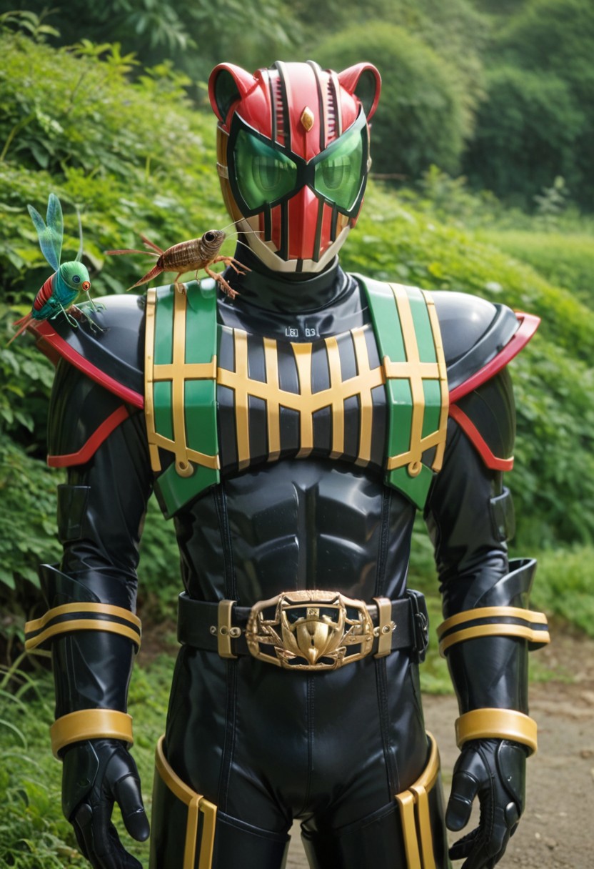 score_9, score_8, score_7, solo, armor, tokusatsu, bodysuit, helmet, rider belt, hawk, tiger, grasshopper, green eyes, red helmet, black armor, black bodysuit, red trim, yellow trim, green trim