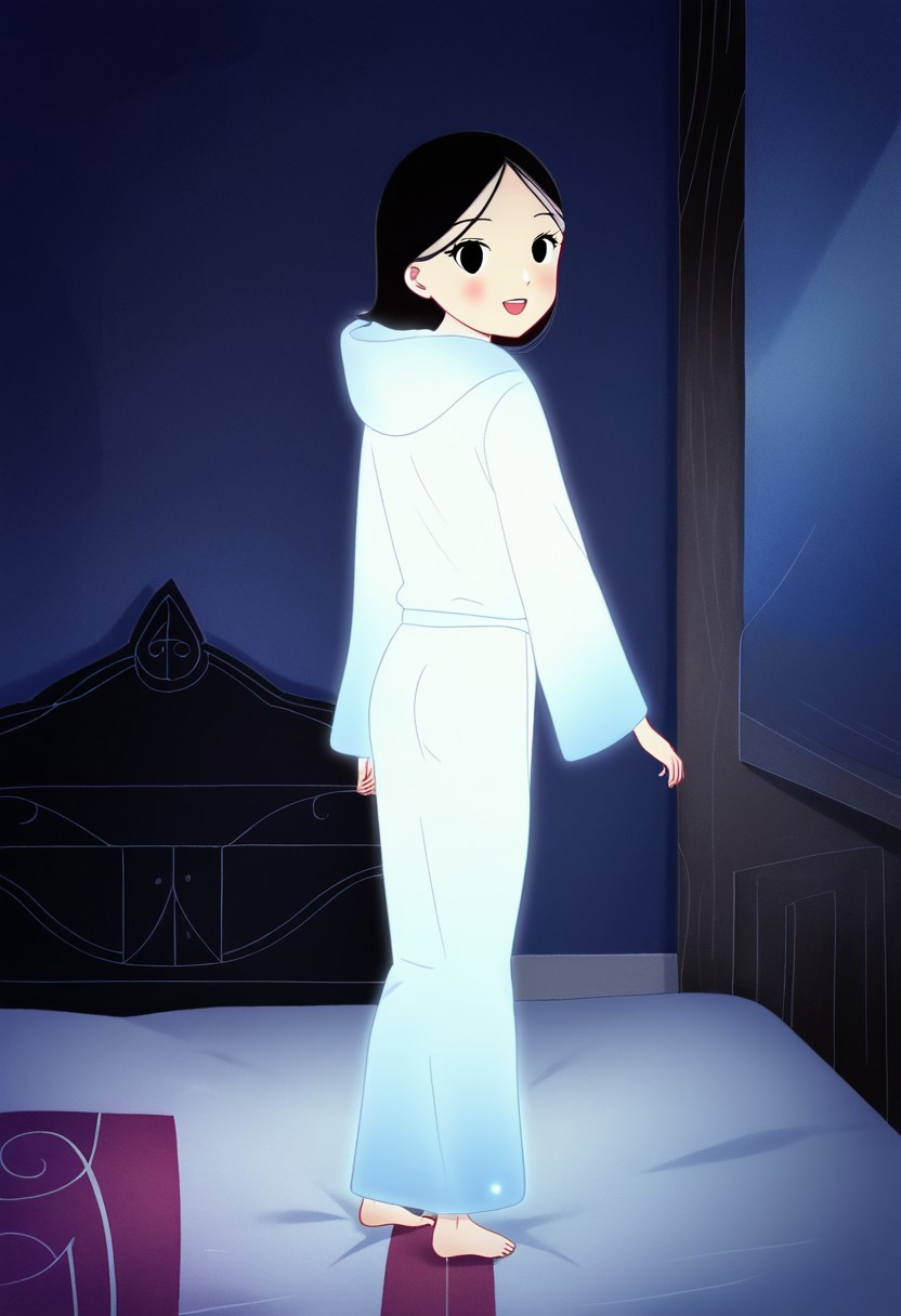 zPDXL3, source_cartoon, Perfect Hands, full body,
1girl, solo, aged down, bedroom, looking at viewer, saoirse, black hair, black eyes, blush, ghost, hood up, robe, barefoot, glowing, dancing on bed, from behind, facing at viewer, feeling cold, eyes open, smile, open mouth, sleeve past wrist, slim body, long body, highlight cloth wrinkle, anime style, kicking,
<lora:Perfect Hands:1>  <lora:Saoirse_-_The_Song_of_the_Sea-000009:1>