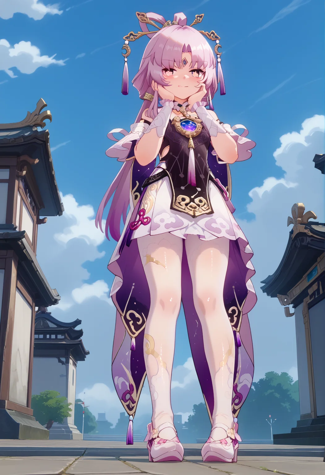 score_9, score_8_up, score_7_up, BREAK source_anime, masterpiece, anime screencap, shiny skin,
1girl, solo,
blush, licking lips ,
full body ,
from below,
female focus,
sexy,
facing viewer ,
hand on own face,
leaning forward,
fuxuan,
outdoors,
<lora:fuxuan.pony:1>