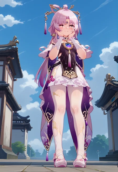 score_9, score_8_up, score_7_up, BREAK source_anime, masterpiece, anime screencap, shiny skin,
1girl, solo,
blush, licking lips ,
full body ,
from below,
female focus,
sexy,
facing viewer ,
hand on own face,
leaning forward,
fuxuan,
outdoors,
<lora:fuxuan.pony:1>