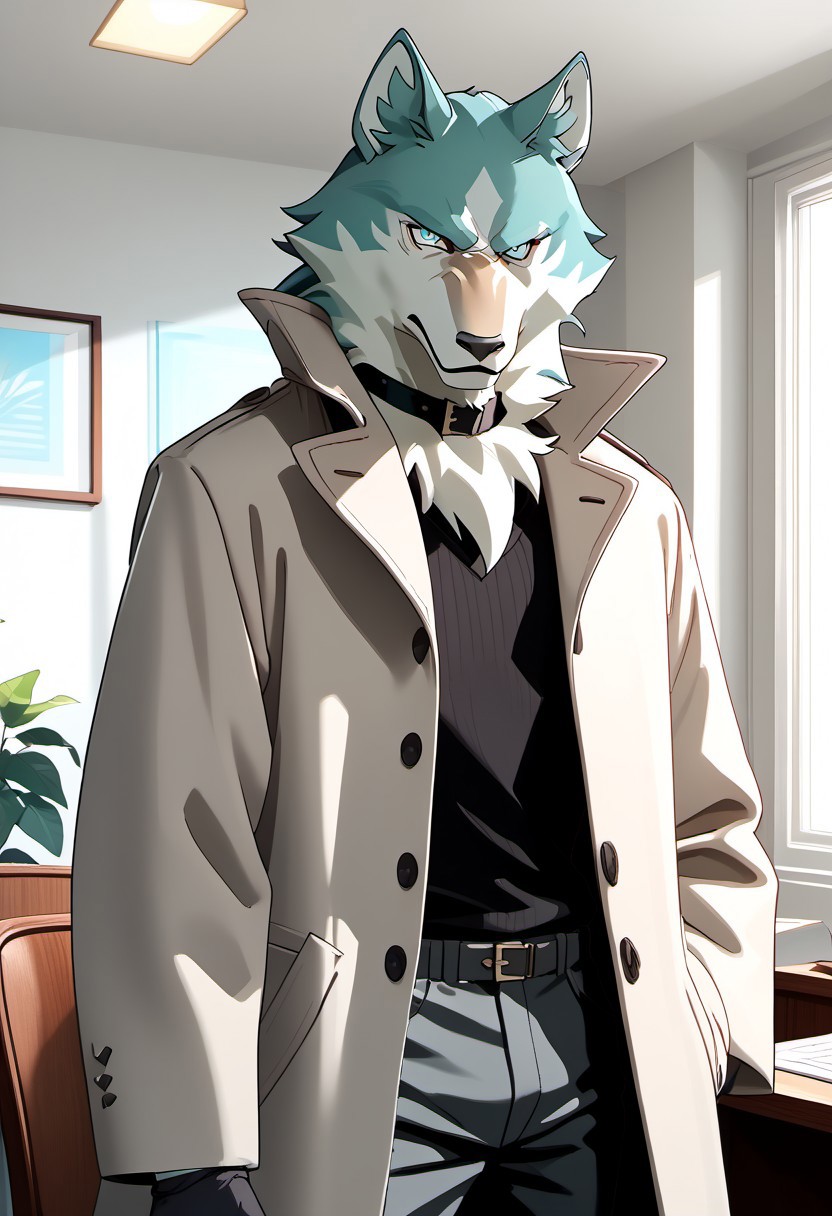 score_9_up, score_8_up, score_7_up, masterpiece, best quality, amazing quality, very aesthetic, absurdres, newest,  high quality, detailed, male, solo male, Shirou Ogami, 1boy, mature male, male, athletic build, anthro, wolf, animal ears, white and teal fur, ice blue eyes, light tan trench coat, black sweater, black gloves, dark gray pants, black choker collar, half body, looking at viewer, stern expression, indoors, office, volumetric lighting